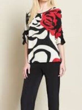 CLARA SUN WOO Top Womens M Multicolor Abstract Round Neck Ruffle Accent Pullover